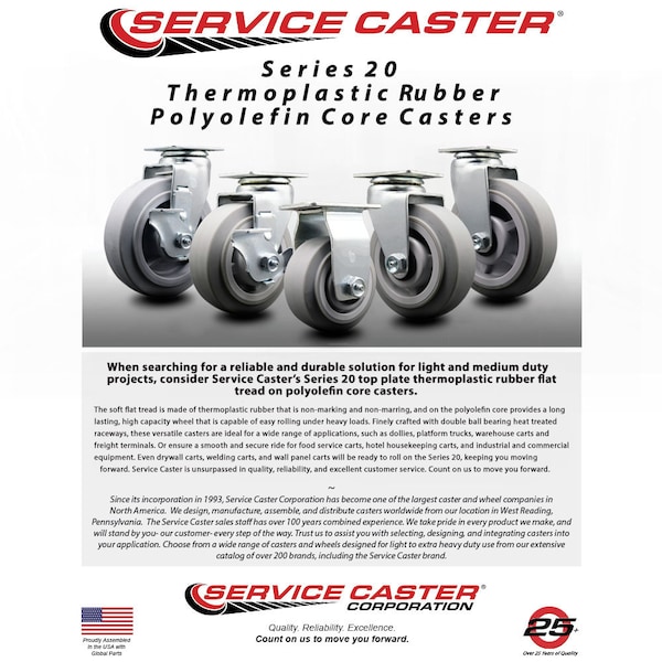 6 Inch Thermoplastic Rubber Caster Set with Ball Bearings 2 Brakes 2 Rigid